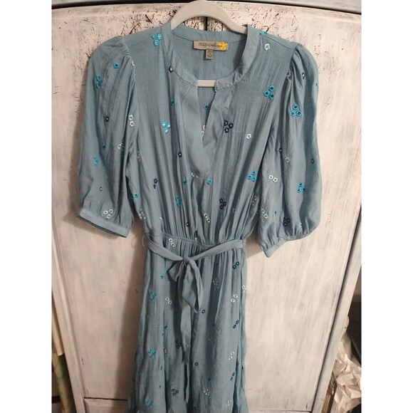 Figueroa&Flower Puff Sleeve Embroidered Maxi Dress Blue Sm Boho Feminine Cottage - Picture 3 of 9